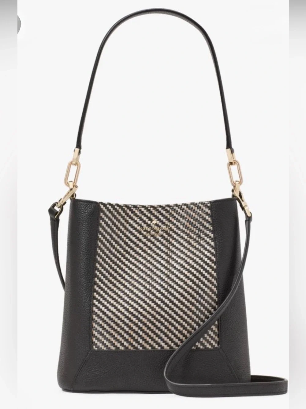 NWT Kate Spade NY Lena Straw Bucket Bag Raffia & Black Leather NEW